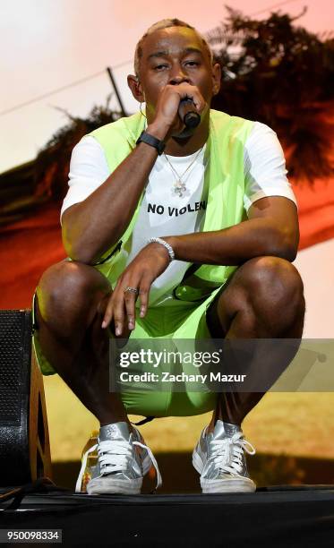 Tyler, the Creator performs onstage during the 2018 Coachella Valley Music and Arts Festival at the Empire Polo Field on April 21, 2018 in Indio,...