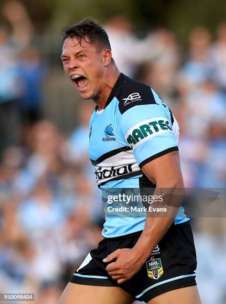 Scott Sorensen of the Sharks celebrates a try during the round seven NRL match between the Cronulla Sharks and the Penrith Panthers at Southern Cross...