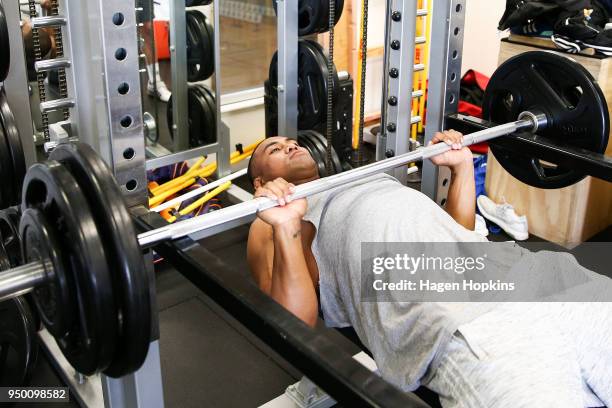 Julian Savea in action during a New Zealand All Blacks gym session at ASB Sports Centre on April 23, 2018 in Wellington, New Zealand.