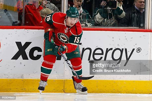 Andrew Brunette of the Minnesota Wild controls the puck against the Columbus Blue Jackets during the game at the Xcel Energy Center on December 15,...