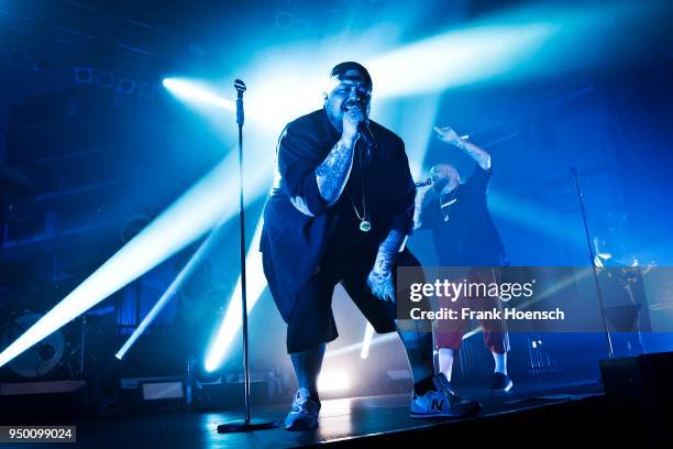 Singer Sven Gillert and Hagen Stoll of the German band Haudegen perform live on stage during a concert at the Huxleys on April 22, 2018 in Berlin,...