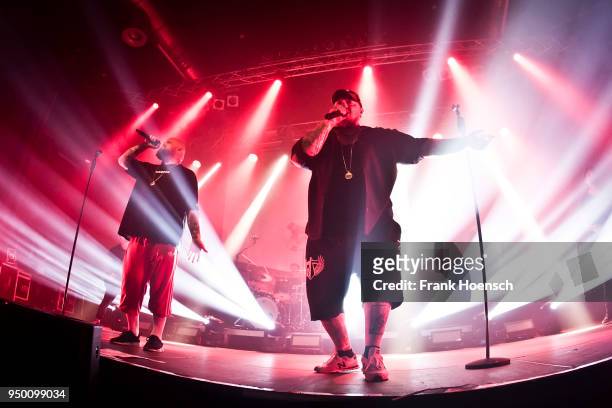 Singer Hagen Stoll and Sven Gillert of the German band Haudegen perform live on stage during a concert at the Huxleys on April 22, 2018 in Berlin,...