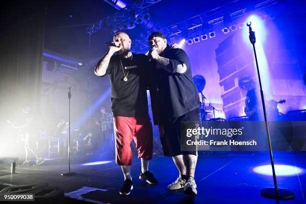 Singer Hagen Stoll and Sven Gillert of the German band Haudegen perform live on stage during a concert at the Huxleys on April 22, 2018 in Berlin,...