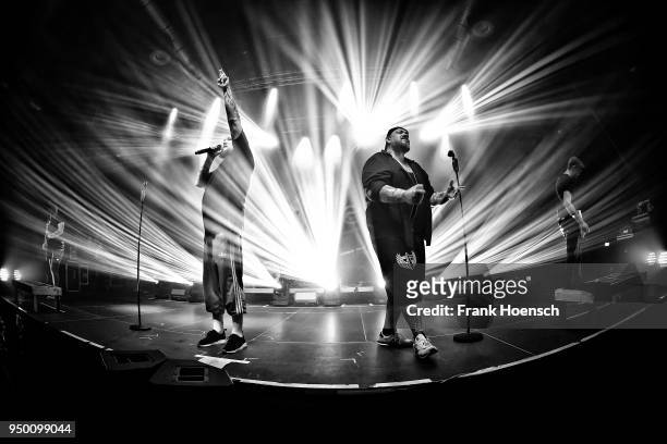 Singer Hagen Stoll and Sven Gillert of the German band Haudegen perform live on stage during a concert at the Huxleys on April 22, 2018 in Berlin,...