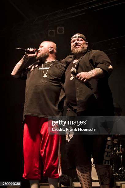 Singer Hagen Stoll and Sven Gillert of the German band Haudegen perform live on stage during a concert at the Huxleys on April 22, 2018 in Berlin,...