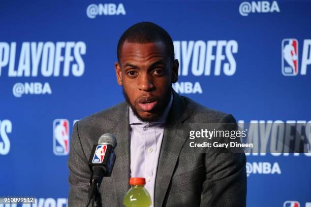 Khris Middleton of the Milwaukee Bucks speaks with media after the game against the Boston Celtics in Game Four of Round One of the 2018 NBA Playoffs...