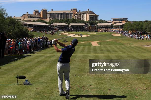 Andrew Landry plays his shot from the 16th tee during the final round of the Valero Texas Open at TPC San Antonio AT&T Oaks Course on April 22, 2018...