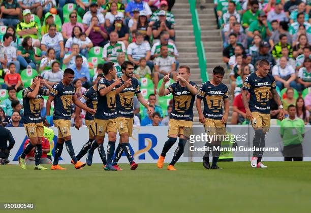 Marcelo Diaz of Pumas celebrates with teammates after scoring the first goal of his team during the 16th round match between Santos Laguna and Pumas...