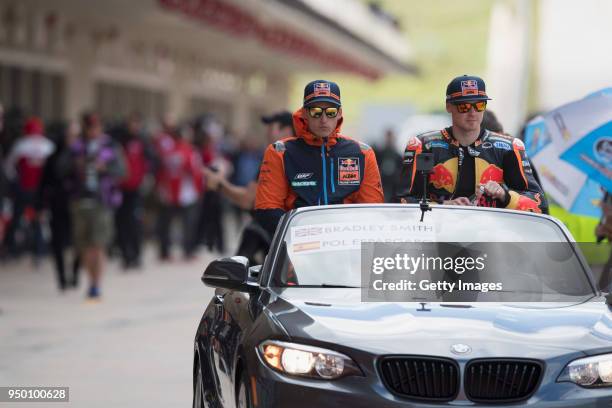 Bradley Smith of Great Britain and Red Bull KTM Factory Racing and Pol Espargaro of Spain and Red Bull KTM Factory Racing look on during the MotoGP...