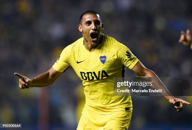 Ramon Abila of Boca Juniors celebrates after scoring the first goal of his team during a match between Boca Juniors and Newell's Old Boys as part of...