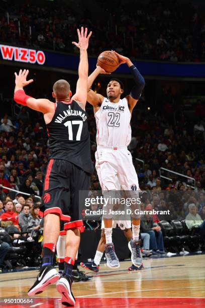 Otto Porter Jr. #22 of the Washington Wizards shoots the ball against the Toronto Raptors in Game Four of Round One of the 2018 NBA Playoffs on April...