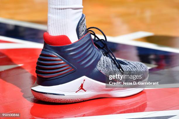 The sneakers worn by Otto Porter Jr. #22 of the Washington Wizards are seen against the Toronto Raptors in Game Four of Round One of the 2018 NBA...