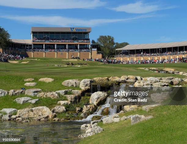 Course scenic view of the 18th hole during the final round of the Valero Texas Open at TPC San Antonio - AT&T Oaks course on April 22, 2018 in San...