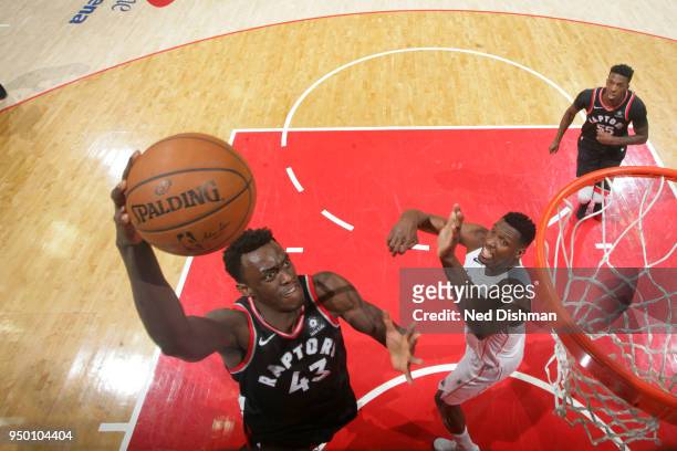 Pascal Siakam of the Toronto Raptors goes to the basket against the Washington Wizards in Game Four of Round One of the 2018 NBA Playoffs on April...