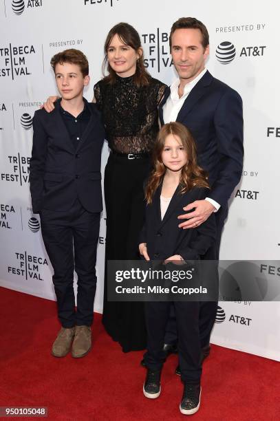 Emily Mortimer and Alessandro Nivola pose with children at a screening of "To Dust" during the 2018 Tribeca Film Festival at SVA Theatre on April 22,...