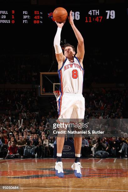 Danilo Gallinari of the New York Knicks shoots against the New Jersey Nets during the game on December 6, 2009 at Madison Square Garden in New York...