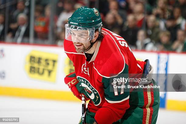 Petr Sykora of the Minnesota Wild awaits a face off against the New York Rangers during the game at the Xcel Energy Center on October 30, 2009 in...