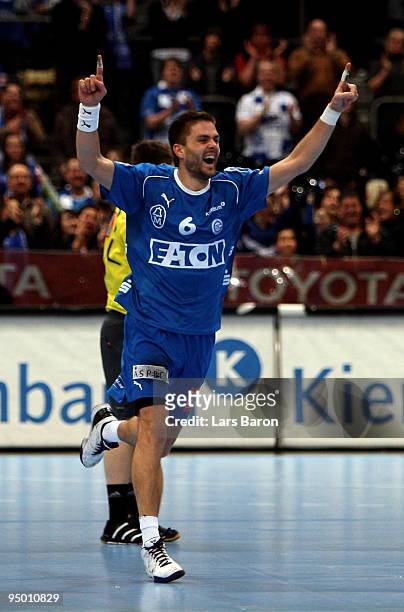 Drago Vukovic of Gummersbach celebrates during the Toyota Handball Bundesliga match between VfL Gummersbach and SC Magdeburg at Lanxess Arena on...