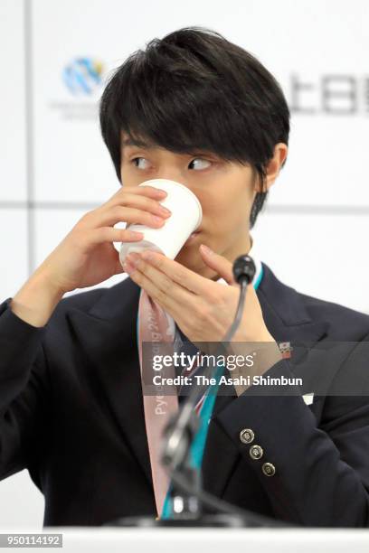 Sochi and PyeongChang Winter Olympic Games Figure Skating Men's Single gold medalist Yuzuru Hanyu attends a press conference after the parade on...