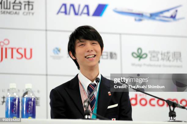 Sochi and PyeongChang Winter Olympic Games Figure Skating Men's Single gold medalist Yuzuru Hanyu attends a press conference after the parade on...