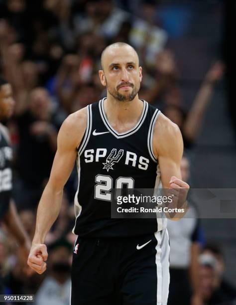 Manu Ginobili of the San Antonio Spurs reacts after a basket against the Golden State Warriors in the second half of Game Four of Round One of the...