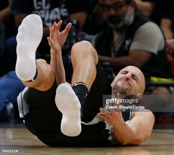 Manu Ginobili of the San Antonio Spurs reacts after being fouled during action against the Golden State Warriors in the second half of Game Four of...