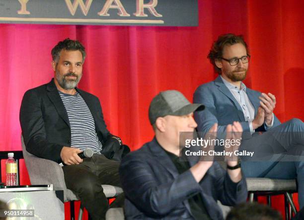 Actor Mark Ruffalo, President of Marvel Studios and Producer Kevin Feige, and actor Tom Hiddleston at the Avengers: Infinity War Press Junket in Los...
