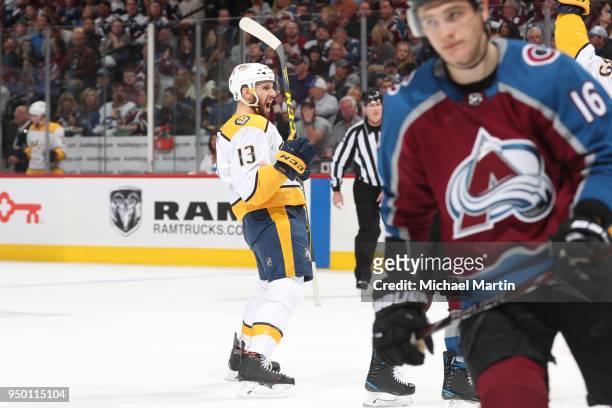 Nick Bonino of the Nashville Predators celebrates after scoring a goal against the Colorado Avalanche in Game Six of the Western Conference First...