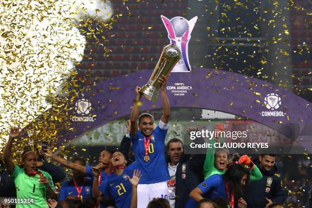 Brasil's women's national team players celebrate with the trophy after winning the women's Copa America final football match against Colombia at the...