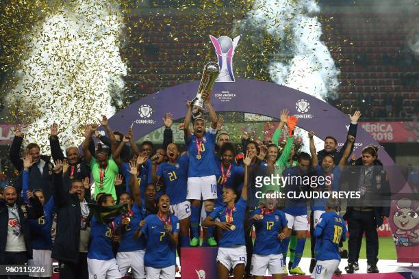 Brasil's women's national team players celebrate with the trophy after winning the women's Copa America final football match against Colombia at the...