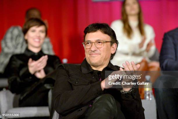 Actor Scarlett Johansson and Director Anthony Russo at the Avengers: Infinity War Press Junket in Los Angeles, CA April 22nd, 2018