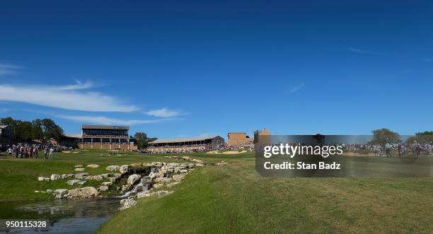 Course scenic view of the 18th hole during the final round of the Valero Texas Open at TPC San Antonio - AT&T Oaks course on April 22, 2018 in San...