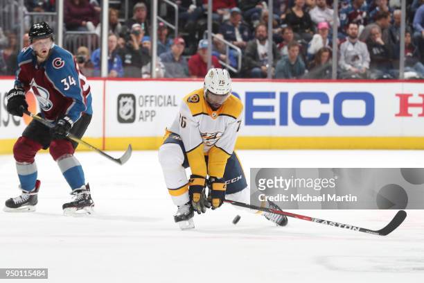 Subban of the Nashville Predators drops to block a puck in front of Carl Soderberg of the Colorado Avalanche in Game Six of the Western Conference...