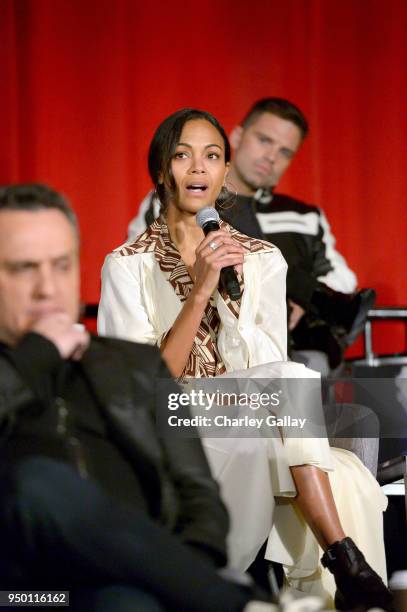 Director Joe Russo, and actors Zoe Saldana and Sebastian Stan at the Avengers: Infinity War Press Junket in Los Angeles, CA April 22nd, 2018