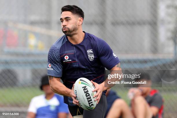 Shaun Johnson trains at Mt Smart Stadium during a New Zealand Warriors NRL media session on April 23, 2018 in Auckland, New Zealand.