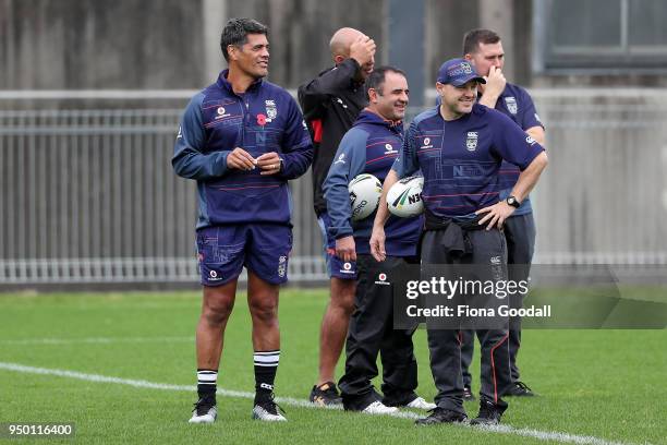 The Warriors coaching squad including head coach Stephen Kearney Stacey Jones, and Andrew MCFadden during a New Zealand Warriors NRL media session on...