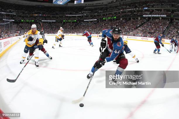 Mark Barberio of the Colorado Avalanche controls the puck against the Nashville Predators in Game Six of the Western Conference First Round during...