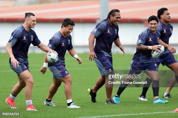 Mason Lino and Charnze Nicoll-Klokstad train with the team during a New Zealand Warriors NRL media session at Mt Smart Stadium on April 23, 2018 in...