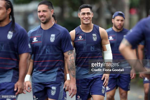 Warriors captain Roger Tuivasa-Sheck arrives at training during a New Zealand Warriors NRL media session on April 23, 2018 in Auckland, New Zealand.