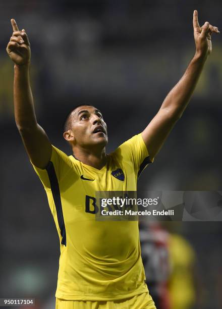 Ramon Abila of Boca Juniors celebrates after scoring the second goal of his team during a match between Boca Juniors and Newell's Old Boys as part of...