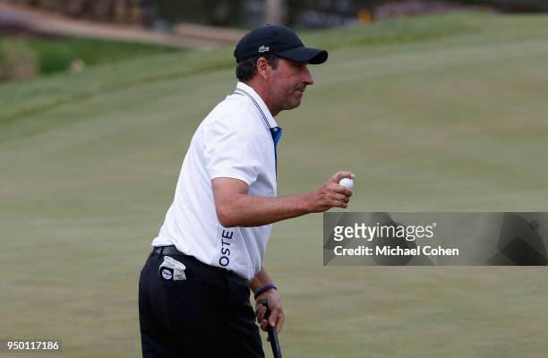 Jose Maria Olazabal of Spain acknowledges the gallery during the final round of the PGA TOUR Champions Bass Pro Shops Legends of Golf at Big Cedar...