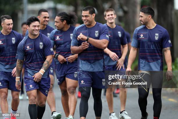 Warriors Shaun Johnson Adam Blair and Issac Luke arrive at training during a New Zealand Warriors NRL media session at Mt Smart Stadium on April 23,...