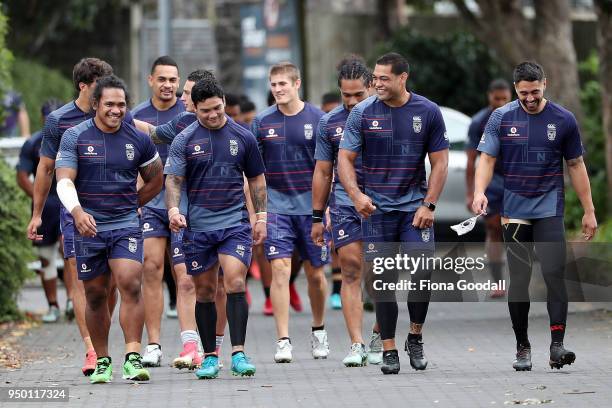 Warriors Shaun Johnson Adam Blair and Issac Luke and Solomone Kata arrive at training during a New Zealand Warriors NRL media session at Mt Smart...
