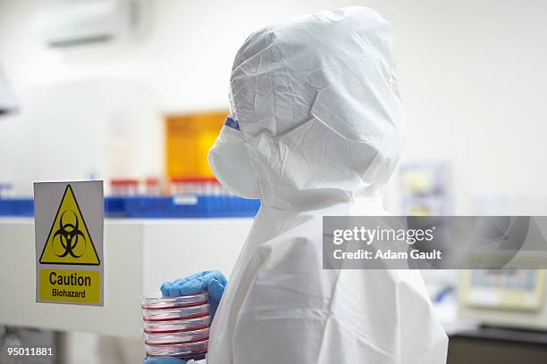 scientist in protective clothing carrying petri dishes in laboratory - lab warning signs stock pictures, royalty-free photos & images
