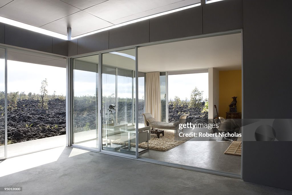 Modern house overlooking volcanic rock