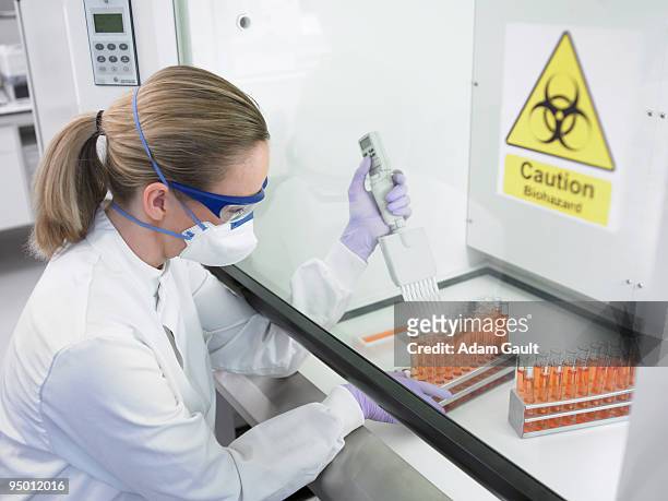 scientist filling test tubes under biohazard sign - infection control stock-fotos und bilder