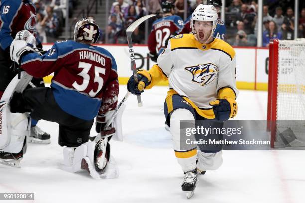 Austin Watson of the Nashville Predators celebrates scoring a goal against the Colorado Avalanche in Game Six of the Western Conference First Round...