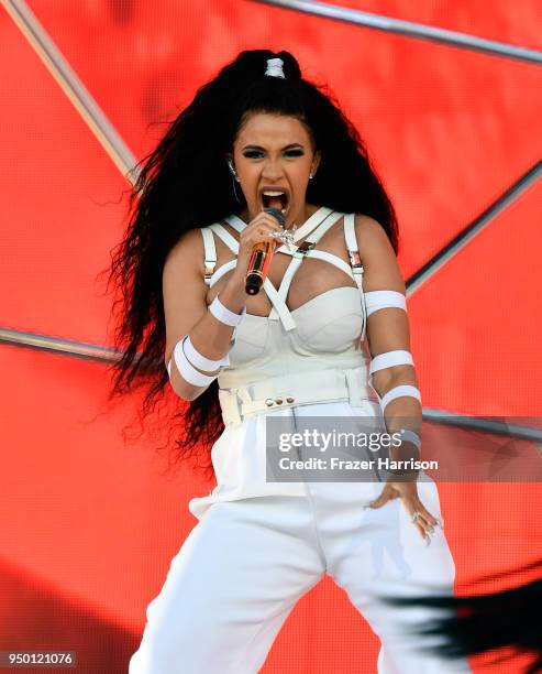 Cardi B performs onstage during the 2018 Coachella Valley Music And Arts Festival at the Empire Polo Field on April 22, 2018 in Indio, California.