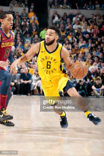 Cory Joseph of the Indiana Pacers handles the ball against the Cleveland Cavaliers in Game Four of Round One of the 2018 NBA Playoffs on April 22,...