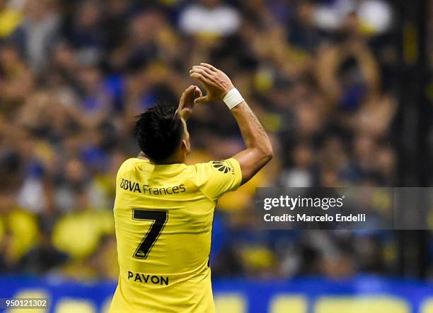 Cristian Pavon of Boca Juniors celebrates after scoring the third goal of his team during a match between Boca Juniors and Newell's Old Boys as part...